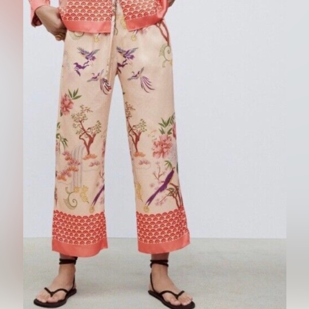 Zara Chinoiserie Silky Bird Floral Print Drawstring Wide Leg Cropped Pants - S